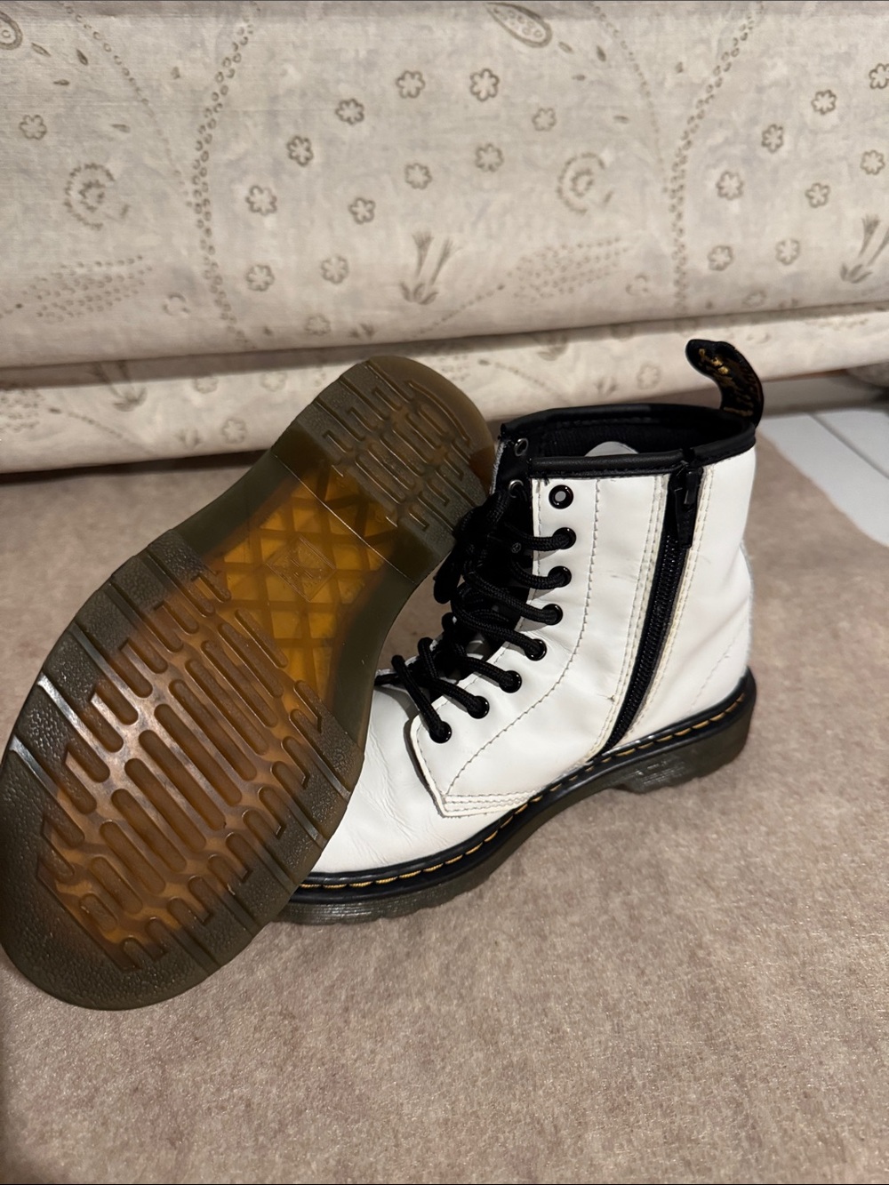 Dr. Martens White Leather Ankle Boots with Black Trim